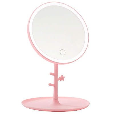 Зеркало для макияжа с подсветкой LMM круглое розовое на розовой круглой подставке (d=17см)