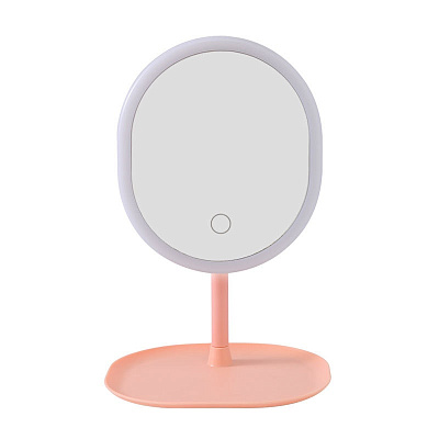 Зеркало для макияжа овальное с подсветкой Cosmetic Mirror, розовое на розовой ОВАЛЬНОЙ подставке (26см*17см)