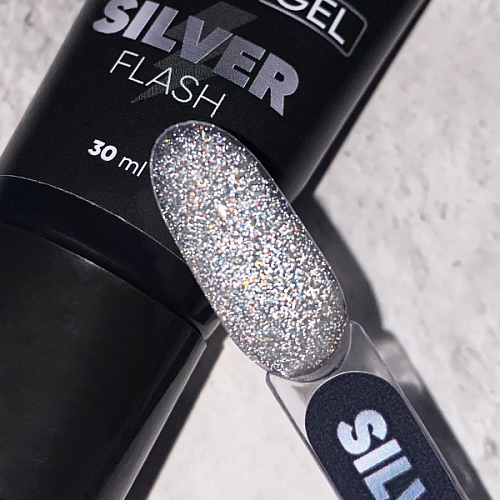 Patrisa Nail, Комби гель Silver Flash с серебряным светоотражающим глиттером, 30 мл.