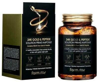 Farmstay, Многофункциональная ампульная сыворотка с золотом и пептидами 24K Gold & Peptide Solution Prime Ampoule, 250 мл
