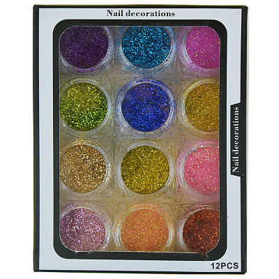 Nail Decorations, разноцветные блёстки, набор 12 шт.