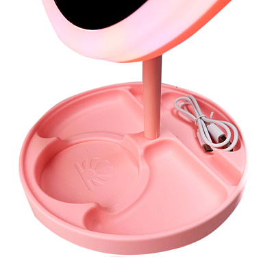 Зеркало для макияжа с подсветкой RIYE Electronic, овальное розовое на розовой круглой подставке (19см*17см)