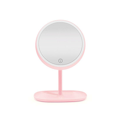 Зеркало для макияжа круглое с подсветкой TableTop Mirror, розовое на розовой овальной подставке (29см*19см)